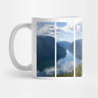 Wonderful landscapes in Norway. Vestland. Beautiful scenery of Aurland fjord from the Stegastein view point facing to the village of Aurland. Sunny day Mug